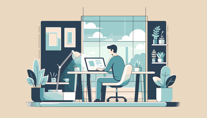 Concept of image of a person working remotely from home .Vector illustration.