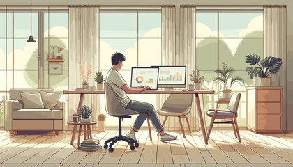 Concept of image of a person working remotely from home .Vector illustration.