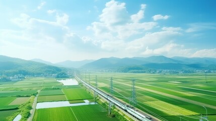 A beautiful Summer Landscape with a railway through a green rice field against the background of the City, Mountains, Blue sky on a sunny Day. Harvest, Farming, Agriculture concepts.