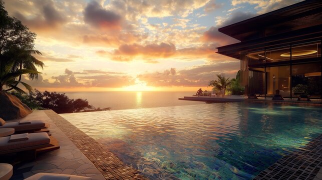 Sunrise paints the sky as it casts a golden glow on a state-of-the-art swimming pool, complete with a mosaic-tiled sun shelf