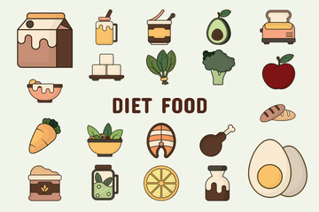 Diet Food Lineal Color Vector Illustration Icon Sticker Set Design Materials