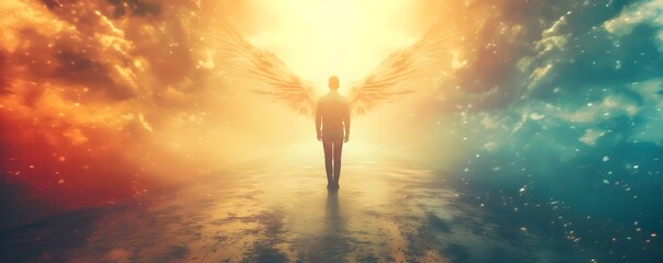 Mans soul transcends to heaven symbolizing afterlife meditation and ethereal dreams. Concept Afterlife, Meditation, Ethereal Dreams, Soul, Heaven