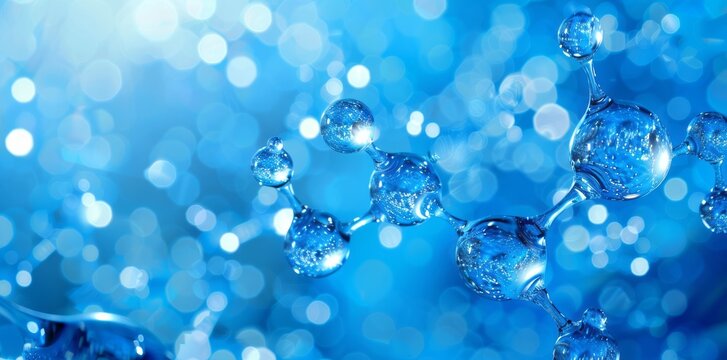 The blue background with molecular structure of water, structural chemical formula view from a microscope.