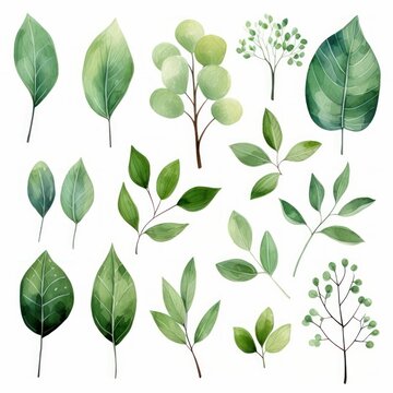 A collection of green leaves and branches hand drawn watercolor. The leaves are all different sizes and shapes