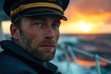 Man sailor captain in a hat stands on the deck of a ship and looks into the distance with a thoughtful expression on his face. The background depicts the ocean and sunset sky