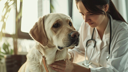 A woman is examining a dog. The dog is brown and has a white nose. The woman is wearing a white lab coat