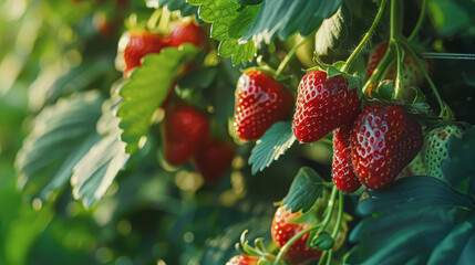 A bunch of red strawberries hanging from a plant. The strawberries are ripe and ready to be picked - Powered by Adobe