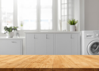 Wood table for display products on background of blurred laundry room - obrazy, fototapety, plakaty