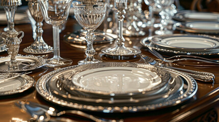 A table set with elegant silverware and plates ready for a fancy New Years dinner party.