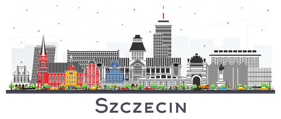 Szczecin Poland city skyline with color buildings isolated on white. Szczecin cityscape with landmarks. Business travel and tourism concept with modern and historic architecture.