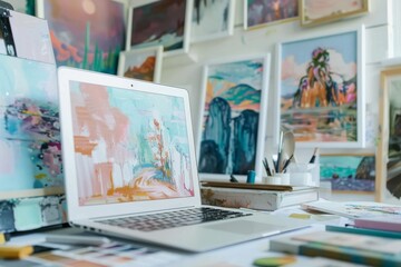 modern laptop sits on a desk complemented by a colorful abstract expressionist painting