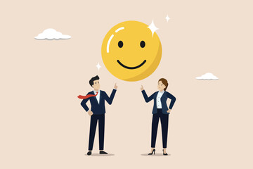Employee happiness, happy workplace or positive attitude, happy businessman and woman holding smiling face symbol in joyful workplace.