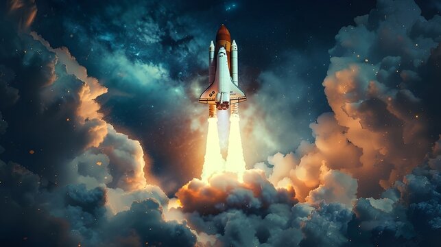 The spaceship is taking off to the sky and space