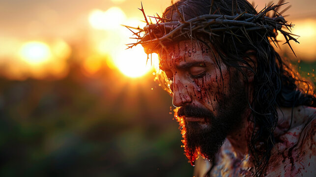 Closeup portrait of Jesus Christ dying on the cross. 
