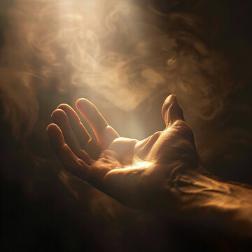 Jesus hand reaching out in warm mystic light. Christian illustration. 