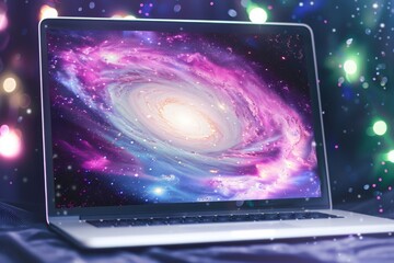 laptop screen illuminates a dark room with a vivid depiction of a galaxy
