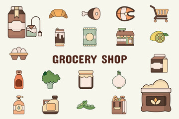 Grocery Shop Lineal Color Vector Illustration Icon Sticker Set Design Materials