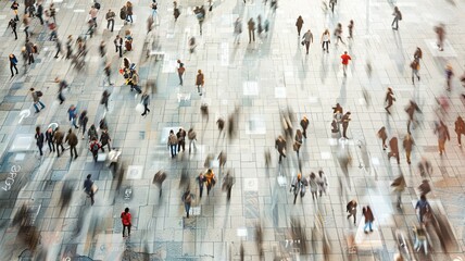 High angle time-lapse photograph capturing the bustling movement of people in a busy urban setting.
