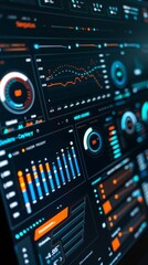 Obraz premium Detailed close-up of an advanced digital dashboard, featuring analytics, metrics, and various performance indicators in a sophisticated interface.