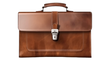 Vintage brown leather briefcase isolated on transparent a white background
