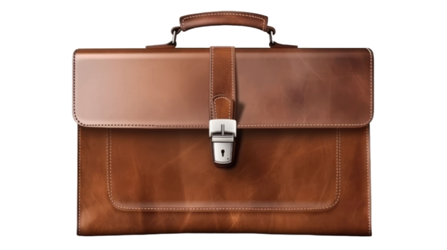 Vintage brown leather briefcase isolated on transparent a white background