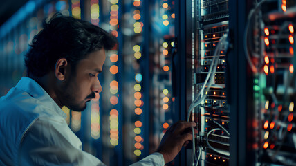 Network Engineer Working on Server Maintenance
. Focused network engineer adjusting cables in a server rack, surrounded by the vibrant LED indicators of network activity within a data center.
 - obrazy, fototapety, plakaty