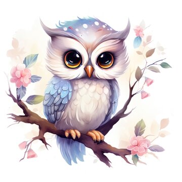 A cute little owl perched on a branch with pink flowers in the background. hand drawn watercolor
