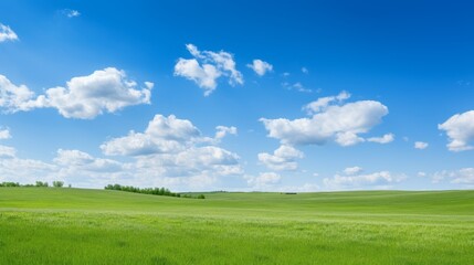 Obraz premium Beautiful grassy fields and summer blue sky with fluffy white clouds