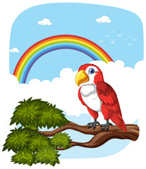 Vibrant parrot perched on tree branch, rainbow backdrop.