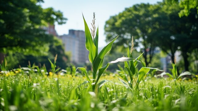 Close-up of Green Young corn plants growing in a communal garden against the background of the City on a sunny day. Harvest, Agriculture City Farmer concepts. Horizontal photo.