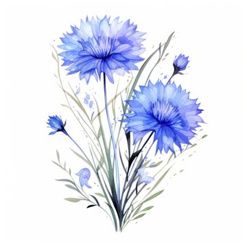 A blue wild flowers cornflower bouquet with a white background. hand drawn watercolor