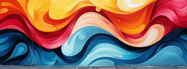 Vibrant abstract mural with swirling patterns in warm and cool tones.