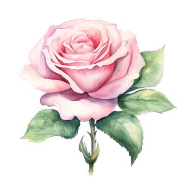 A watercolor painting of a pink rose with green leaves