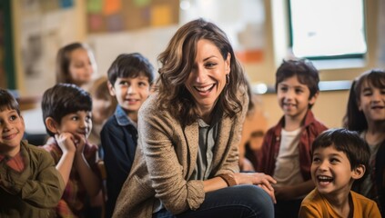 Obraz premium A teacher stands proudly surrounded by her diverse elementary school students