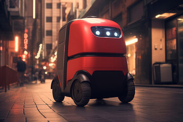 Red automated food delivery robot drives down a city street in the evening - obrazy, fototapety, plakaty