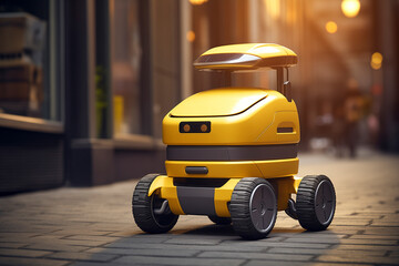 Yellow automated food delivery robot drives down a city street