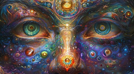 AI, human, the elevation the human soul, awareness of the shaman, full of colors chakra, 3D psychedelic. generative AI