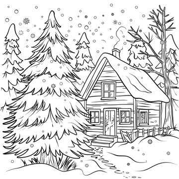 Coloring page with a simple house in the winter forest with a Christmas tree for children
