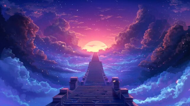 Majestic celestial staircase that lead to the heaven. Fantasy landscape anime or cartoon style, looping 4k video animation background