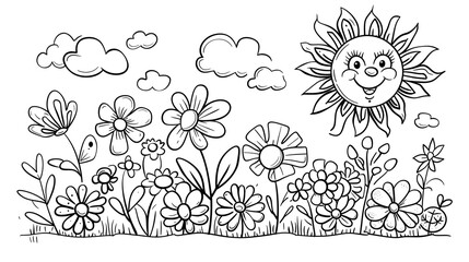 cute coloring page with simple garden flowers and a cartoon sun for kids