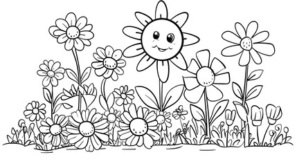 cute coloring page with simple garden flowers and a cartoon sun for kids