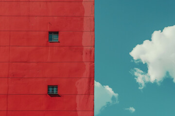 赤い建物と晴れた青空