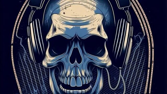 Animation of skull in music headphones on yemno blue background. Cartoon in anime style. Background for music