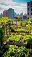 Fototapeta premium A green vegetable garden in a communal roof garden against the background of the City on a sunny day. Harvest, Agriculture, Farming concepts.