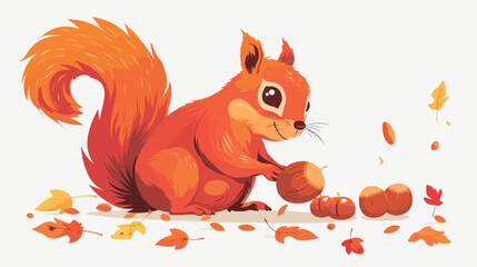 The cute squirrel gathering chestnuts freehand drawing