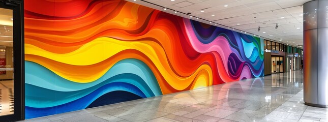 abstract mural, contemporary art, bold curves, harmonious colors, red, orange, blue, abstract shapes, overlapping design, wall art, vibrant, artistic, street art, colorful, modern, urban, geometric pa