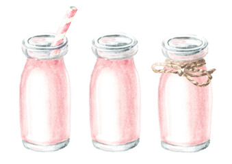 Homemade drinking fruit yogurt, bottle set. Hand  drawn watercolor illustration isolated on white background