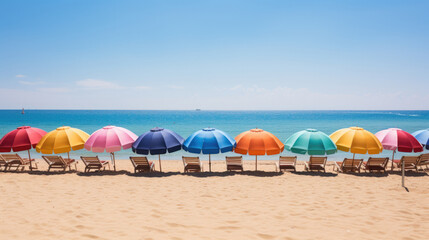Row of colorful umbrellas on the beach on a sunny summer day - Powered by Adobe