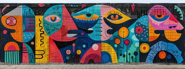 Vivid street art mural with a mosaic of colorful geometric and floral patterns on an urban wall.