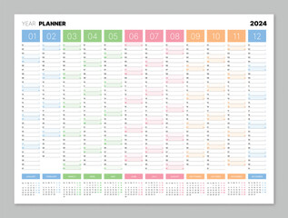 2025 year calendar, blank colorful annual wall planner for daily agenda. Schedule page journal, stationery calendar, organizer, planner template with space for personal notes vector illustration